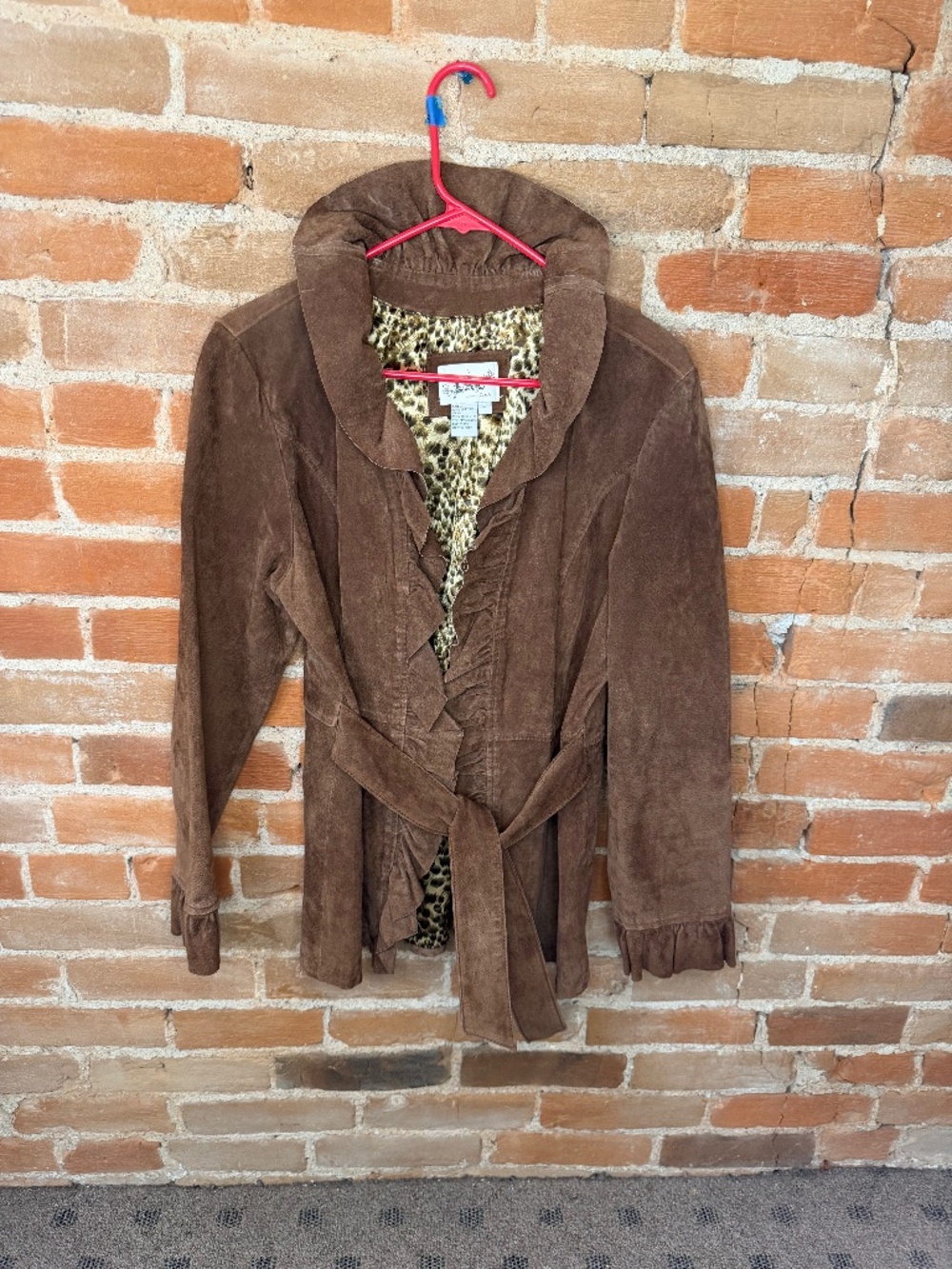Live a Little Brown Genuine Leather Ruffle Jacket | Size Large | Leopard Lining